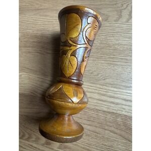 Hand Carved Wood Vase Floral  From Hawaii Or Caribbean 2-Toned Stain VTG 80s